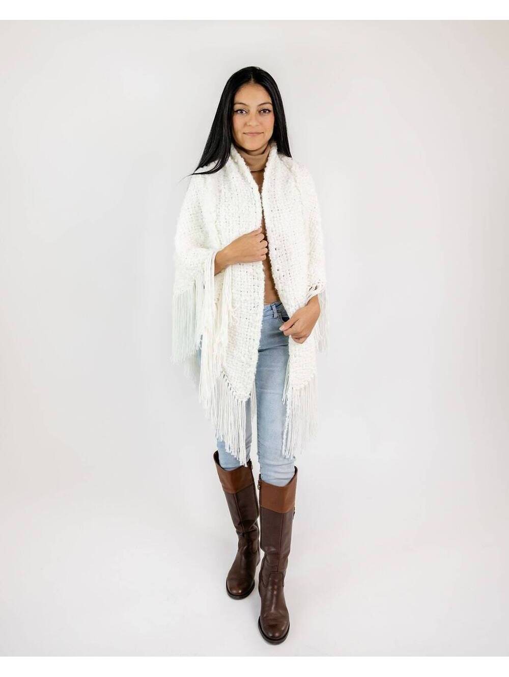 Woven on the Loom Winter White Shawl Wrap: Artisan Crochet Trim, Fringed